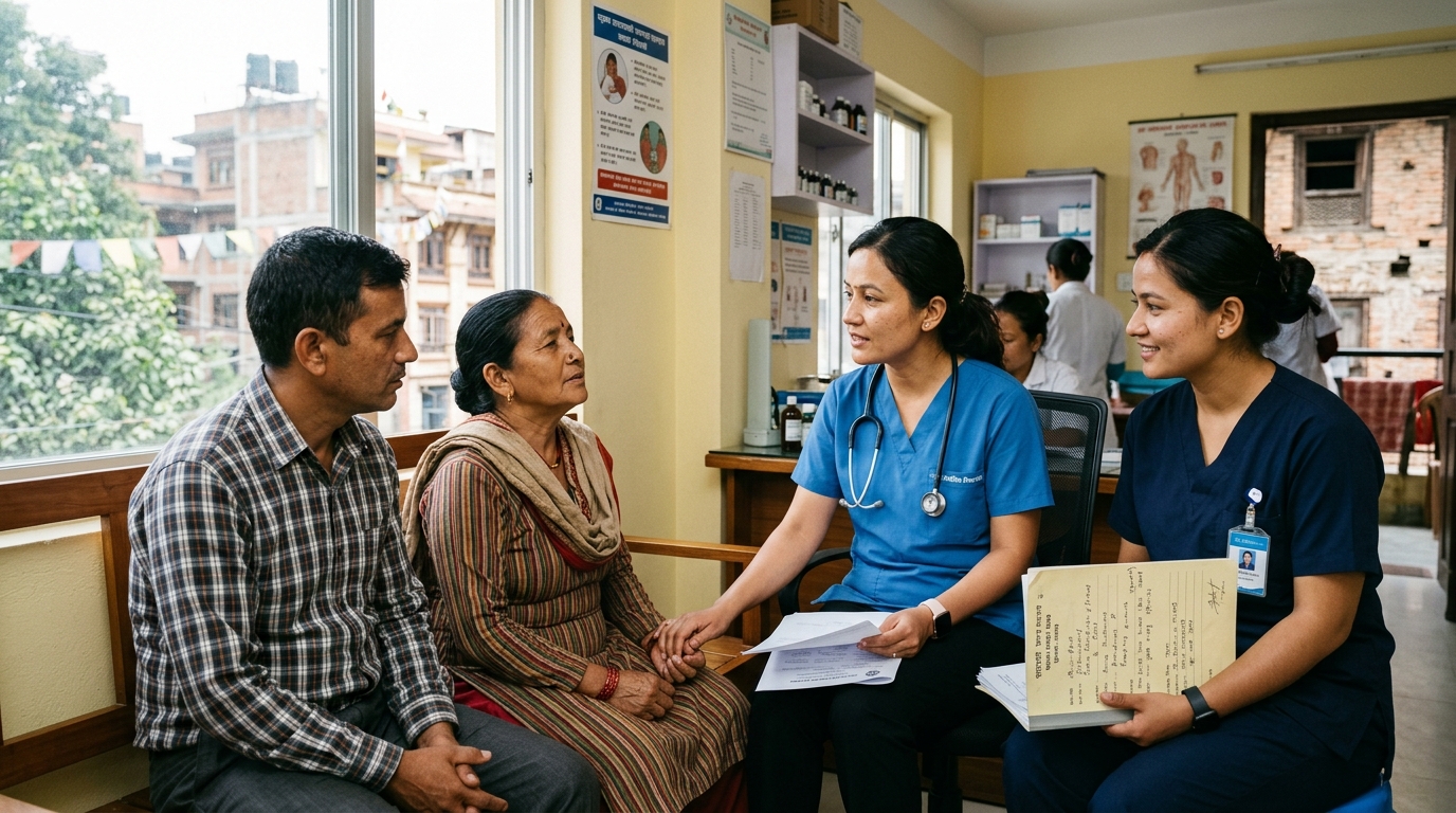 Doctor and nurse in Nepal compassionately explaining medical treatment to a patient and family